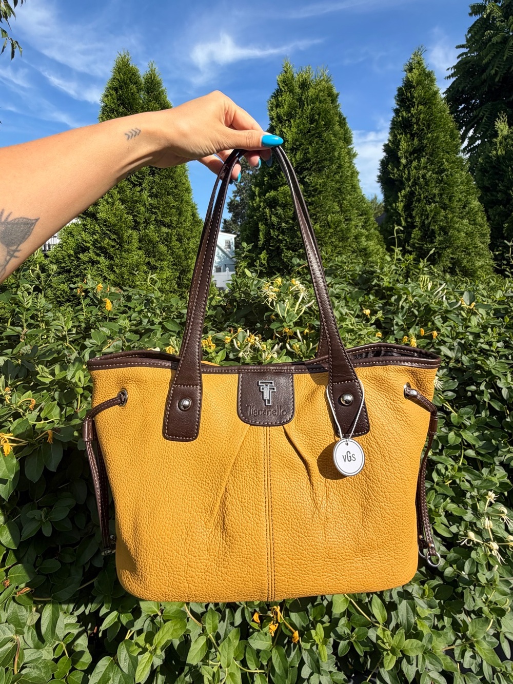 Tignanello Mustard Yellow Brown Leather Tote Shoulder Bag Everyday Purse